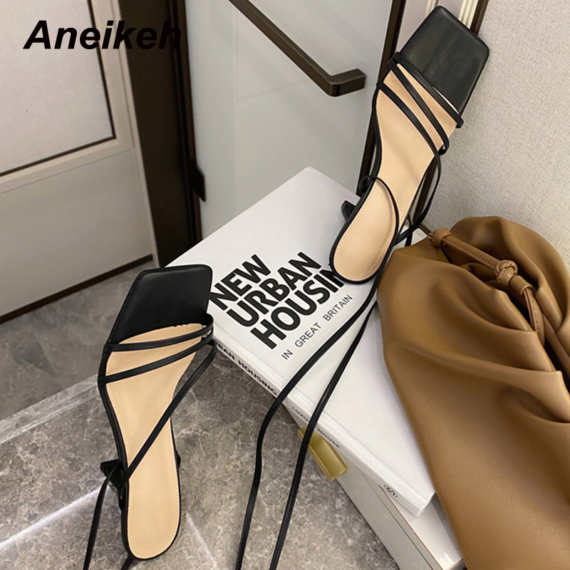 Sandals Aneikeh Shoes PU Sandals Women Summer Peep Toe Open Party Cross-Tied Gladiator Lace-Up Back Strap Fashion Solid Elegant 230418