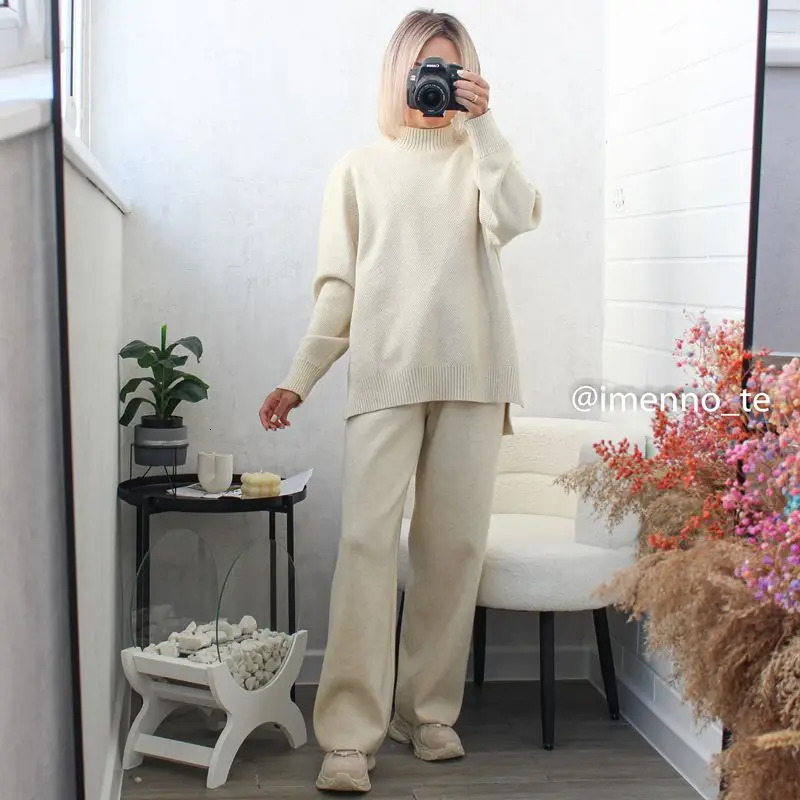 Womens Two Piece Pants GIGOGOU Basic Knitted Winter Sweater Track Suit Extra Large Loose SweaterWide Leg Trouser Set Mens 2Piece 231118wtt