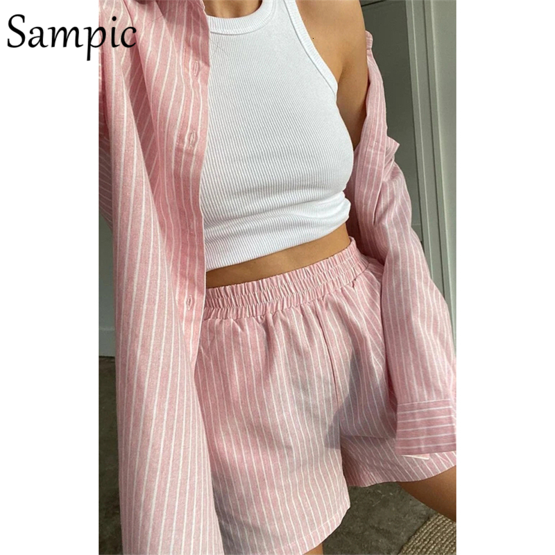 Women's Tracksuits Sampic Loung Wear Tracksuit Women Shorts Set Stripe Long Sleeve Shirt Tops And Waist Loose High Mini Two Piece Sets 230417