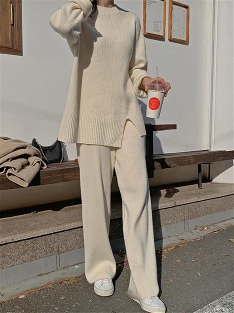 Womens Two Piece Pants REALEFT Autumn and Winter 2Piece Knitted Track Suit ONeck Split Sweater Wide Leg Jogger Zipper Set 231118wtt