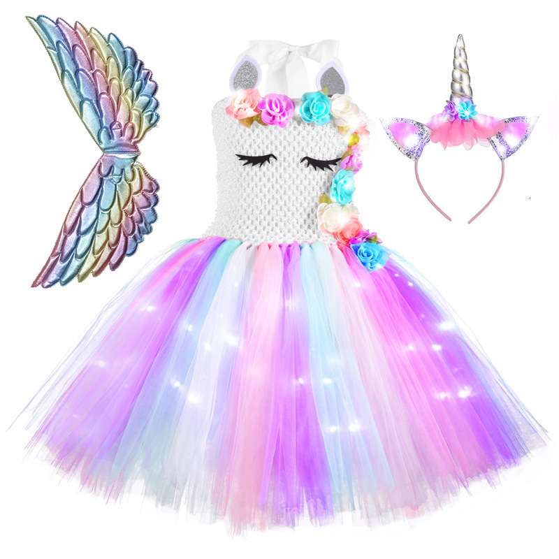 Girl's Dresses Girls Unicorn Dresses Christmas Kids LED Lights Sequin Pastel Rainbow Birthday Party Tutu Dresses Shiny Princess Cosplay Costume 2