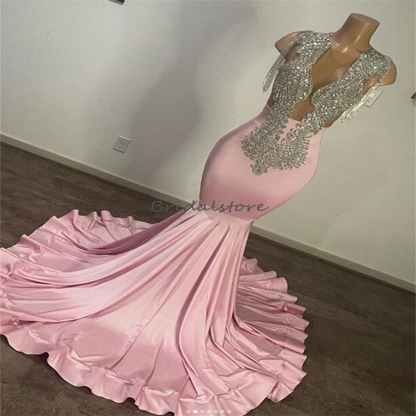 Black Girls Mermaid Pink Prom Dress With Beaded Sexy Backless Elegant Evening Formal Dresses Open Back Aso Ebi Occasion Party Wear 2023 African Engage