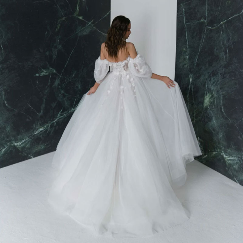 A-Line Organza Wedding Dress 2023 Lantern Sleeves Boat Neck Silt 3D Flower Bride Party Gown Vestidos De Noiva Boho Custom Made