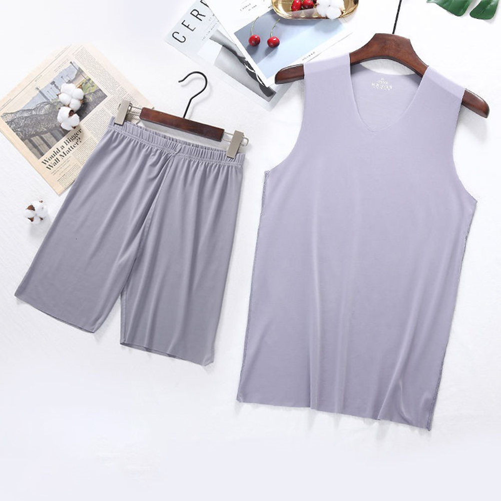 Men's Sleepwear Summer Men Ice Silk Tank Tops boxer Short Sleepwear Set Man Sleeveless Vest V-Neck T-shirts Soft Smooth Pajamas Silky Underwear 2