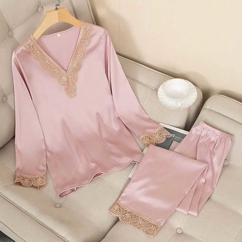 Women's Sleepwear 4611c-4 Womens Silk Satin Pajamas Pyjama set Sleepwear Pajamas Suit Female Sleep Two Piece Set Loungewear Home Wear49b1-1 23041