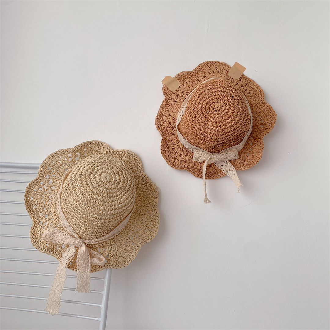 Caps Hats Fashion Baby Petal Brim Straw Woven Hat Sun Protection Lace Cap Kids Girls Princess Collapsible Beach Cute Infant Bucket Hats 230418