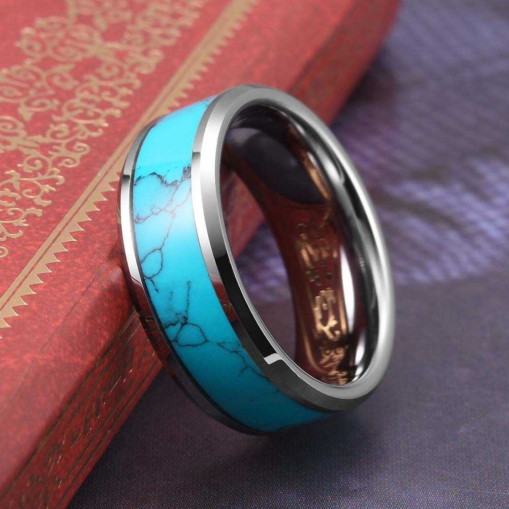 Band Rings Fashion 8mm Men Silver Color Tungsten Wedding Ring Blue Turquoise Stone Inlaid Polished Flat Ring For Men Wedding Band Jewelry AA230417