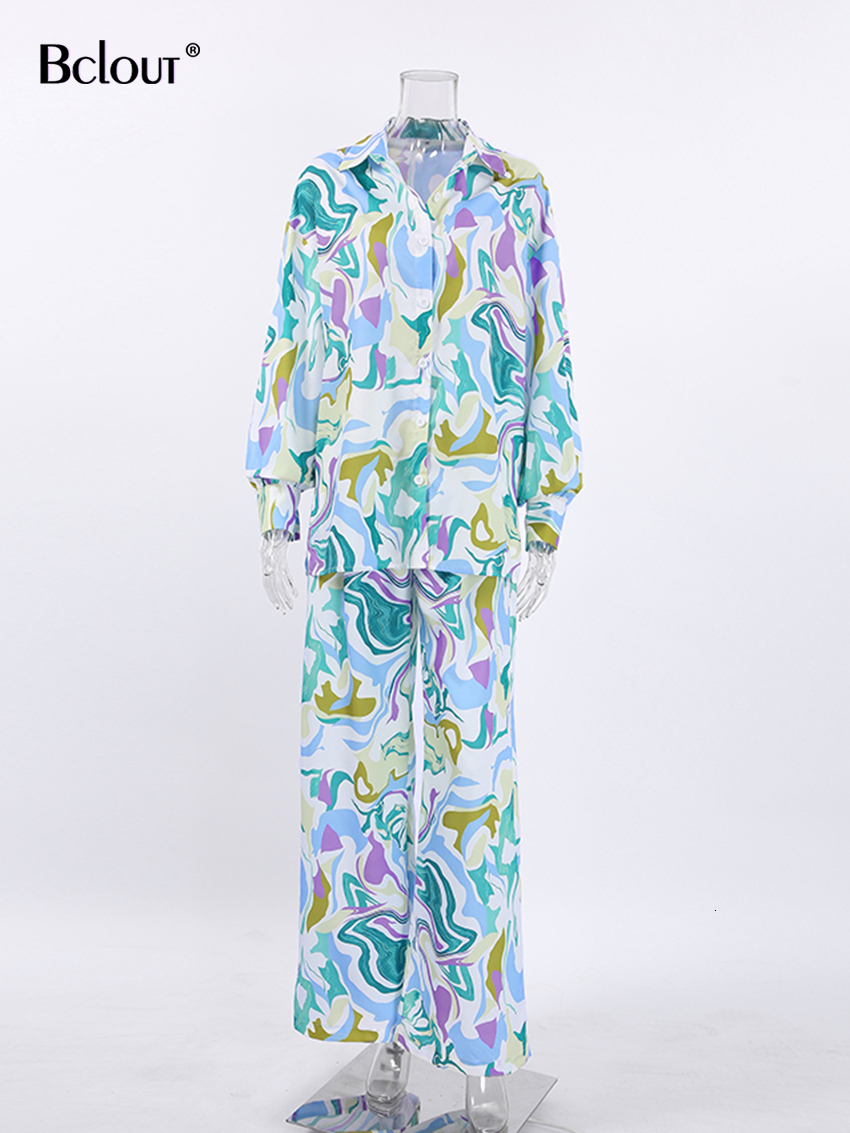 Women's Two Piece Pants Bclout Summer Print Pants Set 2 Pieces Womens Outfits Elegant Long Sleeve Shirts Fashion High Waist Long Pants Suits Fema