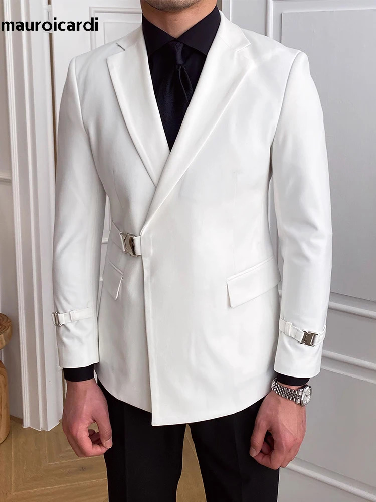Men's Suits Blazers Mauroicardi Autumn Fitted Black White Smart Casual Wedding Blazer Women Slim Fit Elegant Chic Clothes 231117