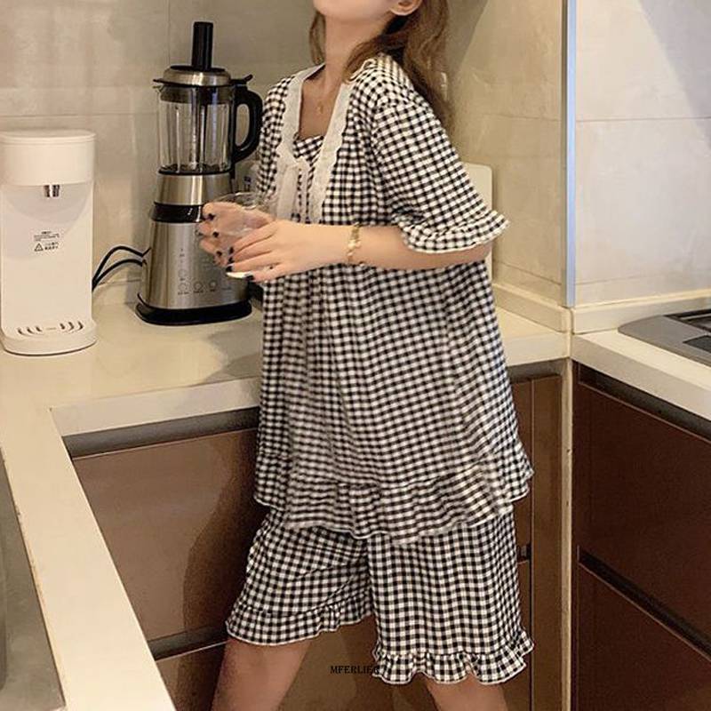 Women's Sleepwear Large Size 5XL 150kg Summer Sleepwear Suit Plaid Print Women Pajamas Sets Short Sleeve Top and Shorts Female Sweet Sleepwear Se