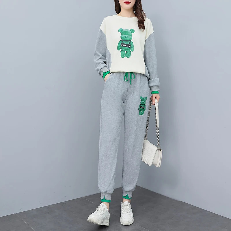 Womens Two Piece Pants Katon printed sweater knitted set for womens autumn clothing Korean loose and pencil pants twopiece patched work clothes 231118