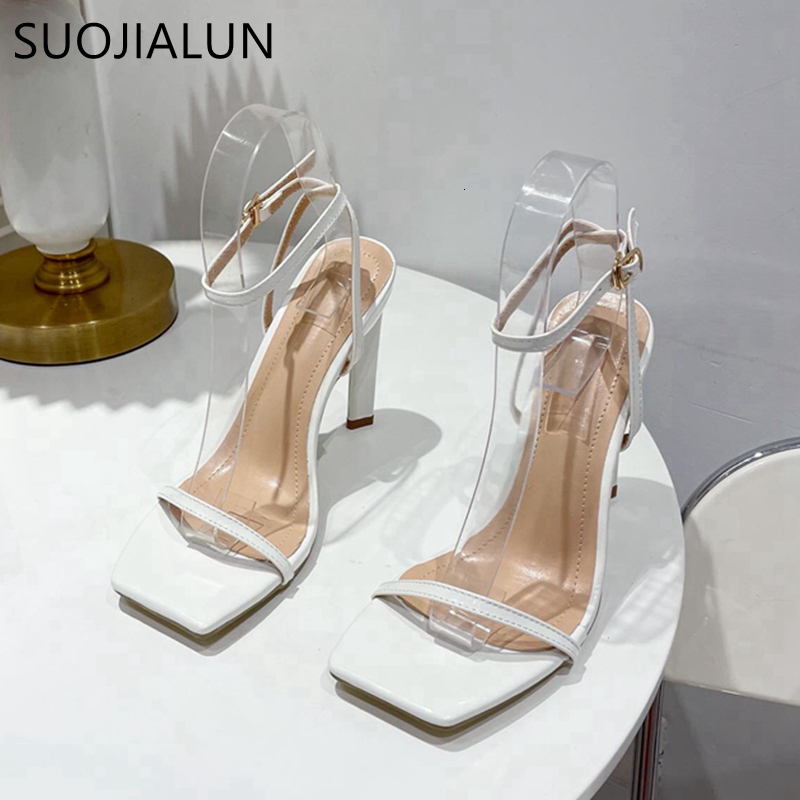 Sandals SUOJIALUN Summer Narrow Band Women Sandals Shoes Thin High Heel Square Toe Ladies Ankle Buckle Strap Sexy Dress Pumps S 230418