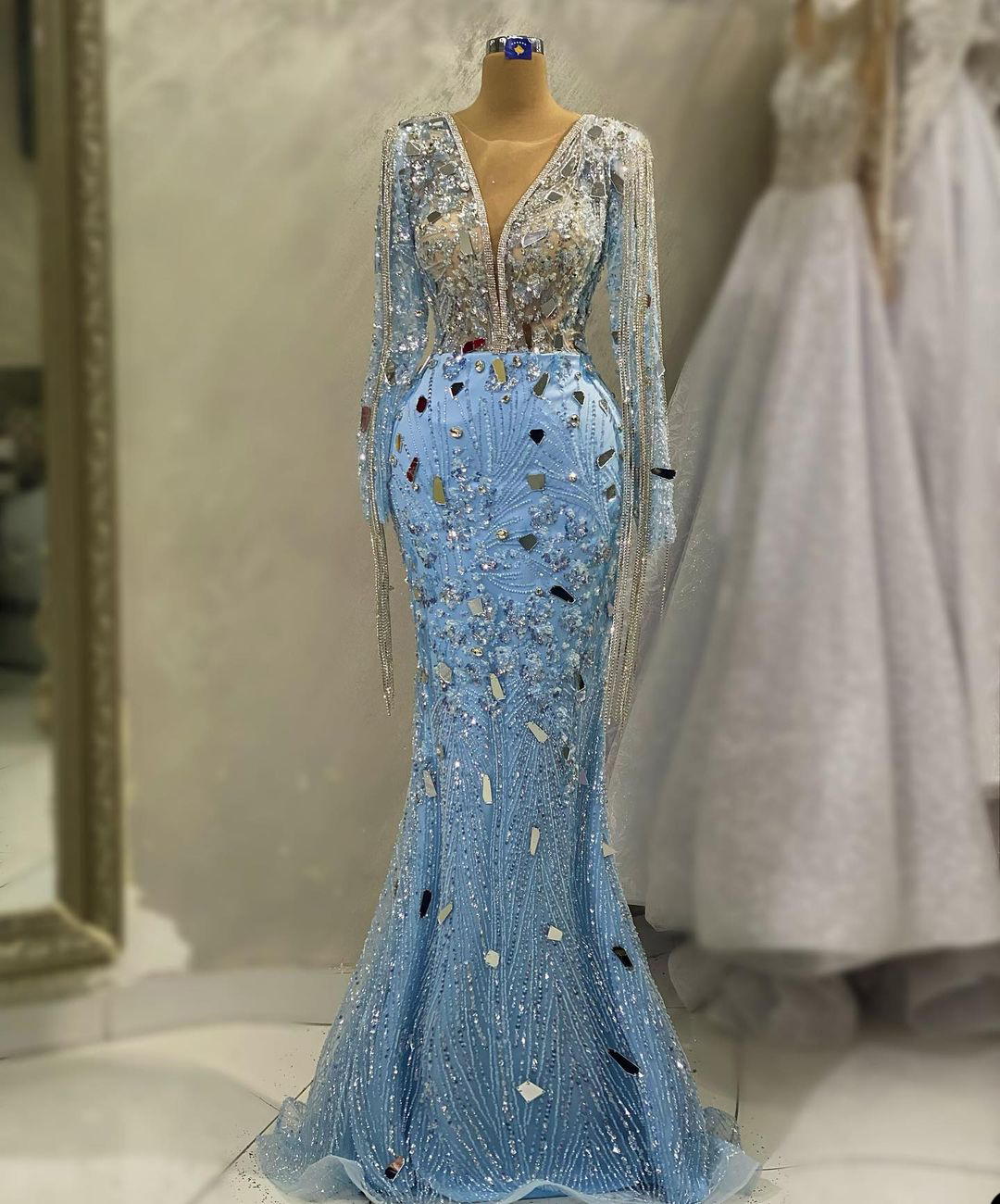 Shiny Sky Blue Mermaid Prom Dresses Beading V Neck Party Dresses Crystals Lace Custom Made Evening Dress