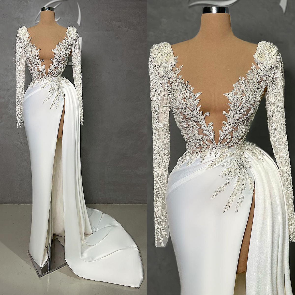 Gorgeous Mermaid Wedding Dresses Deep V-neck Long Sleeves Lace Applicants Side Split Backless Zipper Court Gown Custom Made Plus Size Bridal Gown Vest