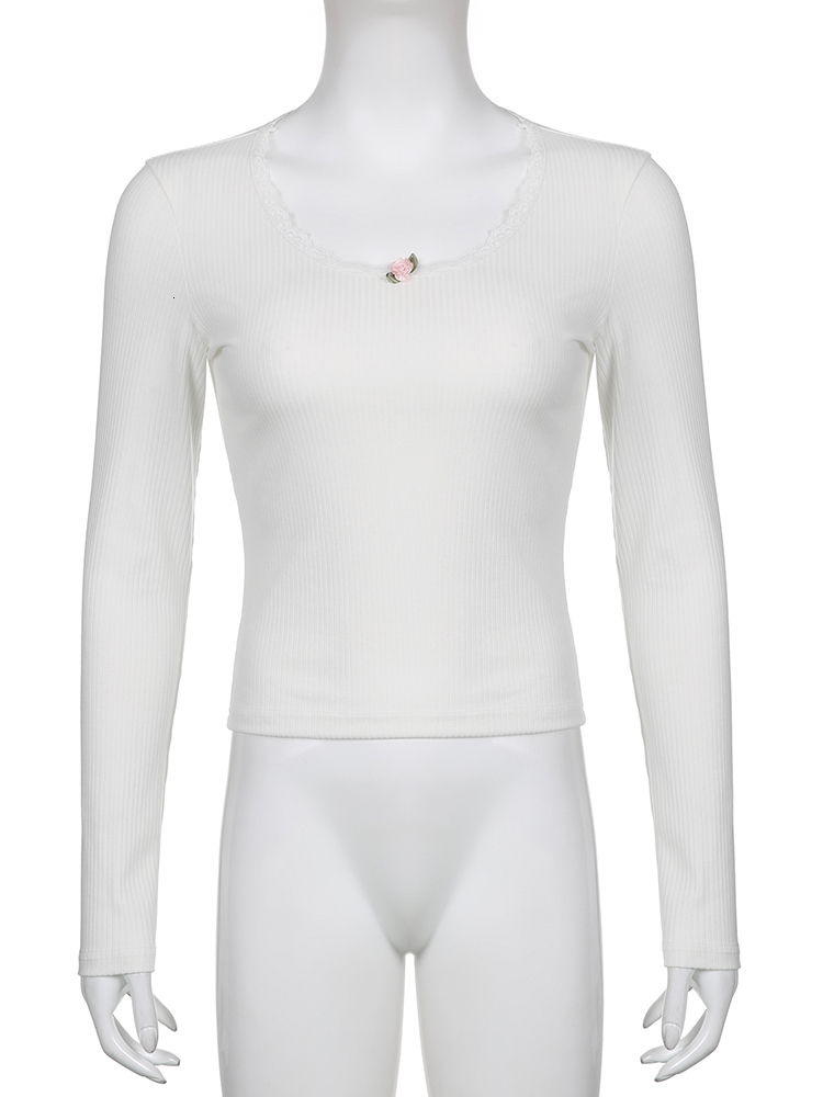 Women's T-Shirt Rapcopter y2k Floral Lace Crop Top White Knitted O Neck Basic Casual T Shirt Women Chic Vintage Full Sleeve Harajuku Tee Autumn 2