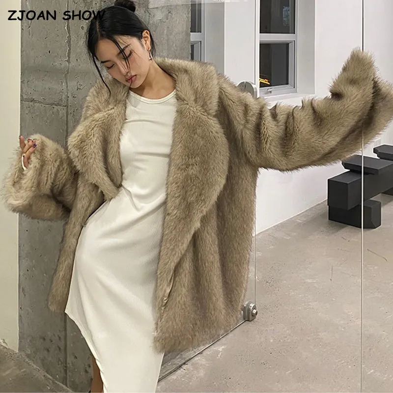 Women's Faux Fur Winter Turtleneck Tunic Plush Coat, Long Sleeve Warm Jacket Oversized