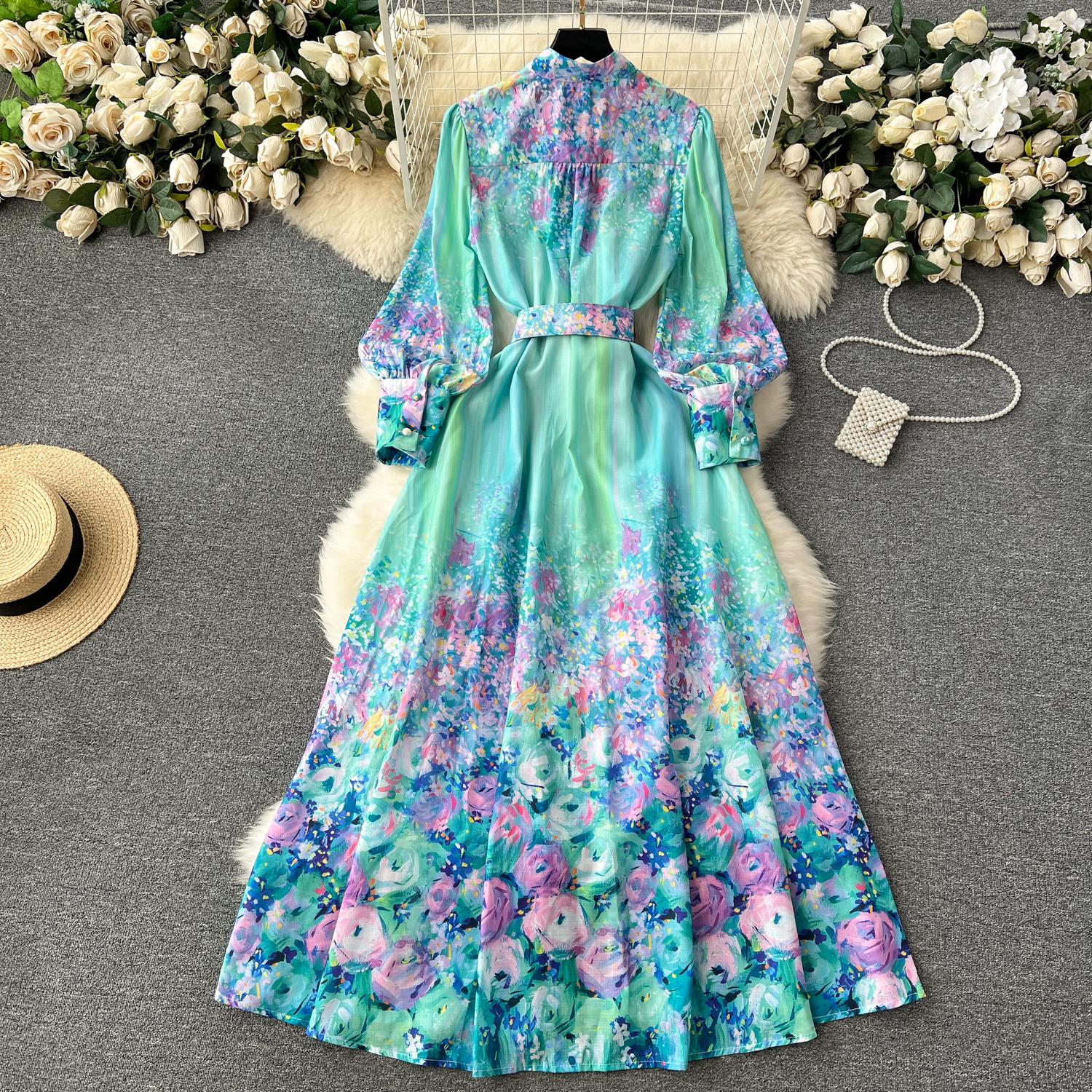 Casual Dresses New Fashion Holiday Flower Maxi Dress Women's Stand Collar Lantern Sleeve Floral Printed Belt Ruffles Boho Robe Vestidos 2024