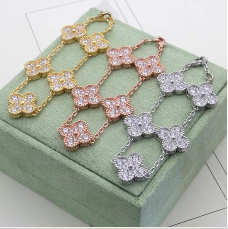 Fashion Four-leaf Clover Full Diamond Chain Bracelet Personalised Bangle Links Silver Braclets Rosy Silver Gold Bangles Chains
Fashion Four-leaf Clover Full Diamond Chain Bracelet Personalised Bangle Links Silver Braclets Rosy Silver Gold Bangles Chains