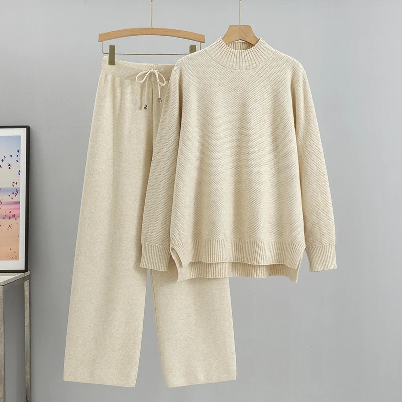 Womens Two Piece Pants GIGOGOU Basic Knitted Winter Sweater Track Suit Extra Large Loose SweaterWide Leg Trouser Set Mens 2Piece 231118wtt