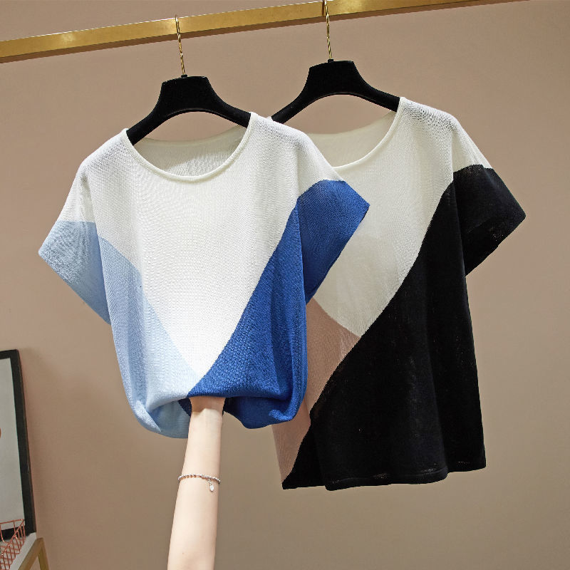 Women's T-Shirt Spring Summer Ice Floss Contrast Color Pullover Women's Top Korean Crew Neck Loose Short Sleeve Plus Size Knitted T-Shirt Tr