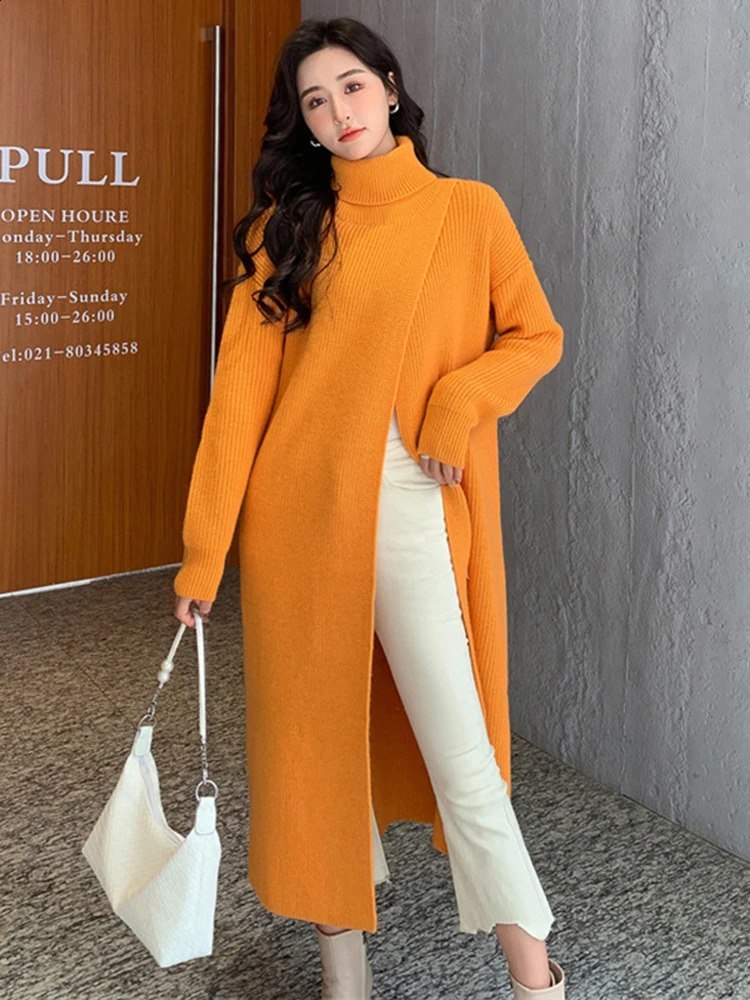 Basic Casual Dresses Womens Orange Knitted Long Stitch Large Size Dress Turtle Neck Sleeve Loose Fit Fashion Spring Autumn 1DE5886 231118
