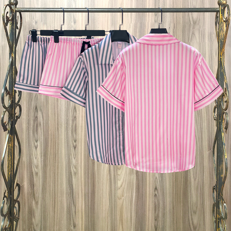 Summer Pajamas for Women Satin Silk Stripes Sleepwear Pyjamas Short Pink Loungewear Pjamas Ladies Home Suit Homewear Woman 220708