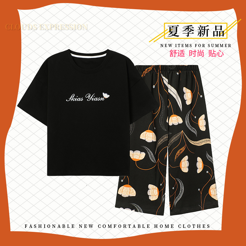 Women's Sleepwear Summer Elegant Women Floral Pajama Sets Short Sets Capris Knitted Cotton Sexy Black Sleepwear FemalePajamas Lounge Pijama Mujer