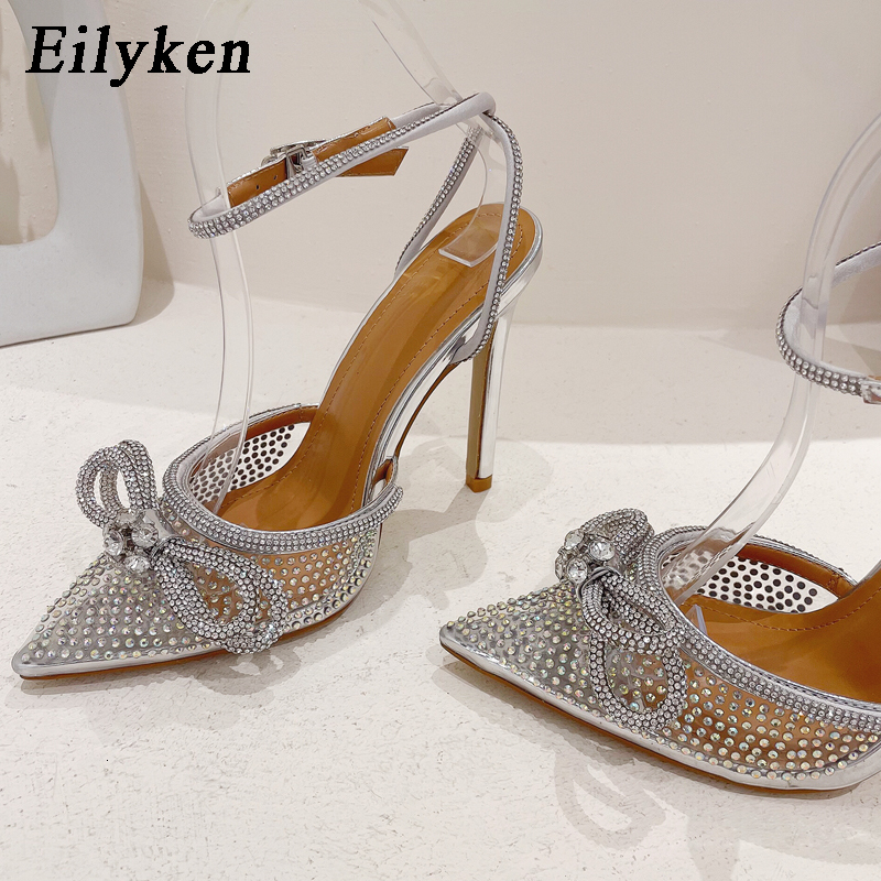 Sandals Eilyken PVC Transparent Women Pumps Sexy Butterfly-knot CRYSTAL High Heels Pointed Toe Wedding Prom Sandals Spring Shoes 230418