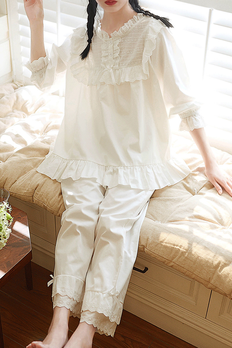 Women's Sleepwear Women Princess Long sleeve Lace Ruffle Pajama Sets TopsPants.Vintage Ladies Cotton Pyjamas Set Victorian Girl's Home Sleep