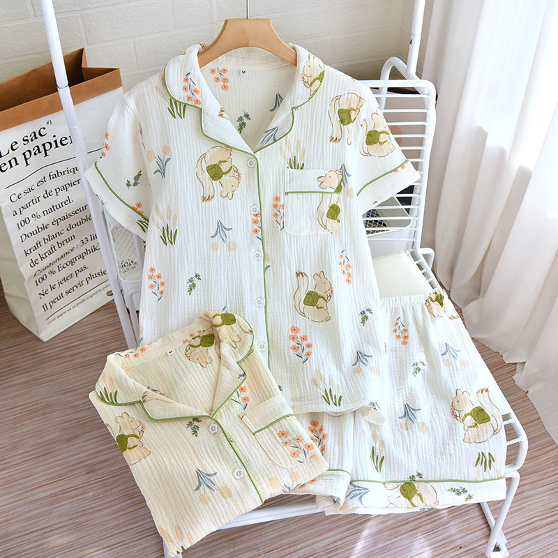 Women's Sleepwear Japanese style summer cotton short-sleeved shorts pajamas suit women double gauze cute strawberry thin home service women 23041