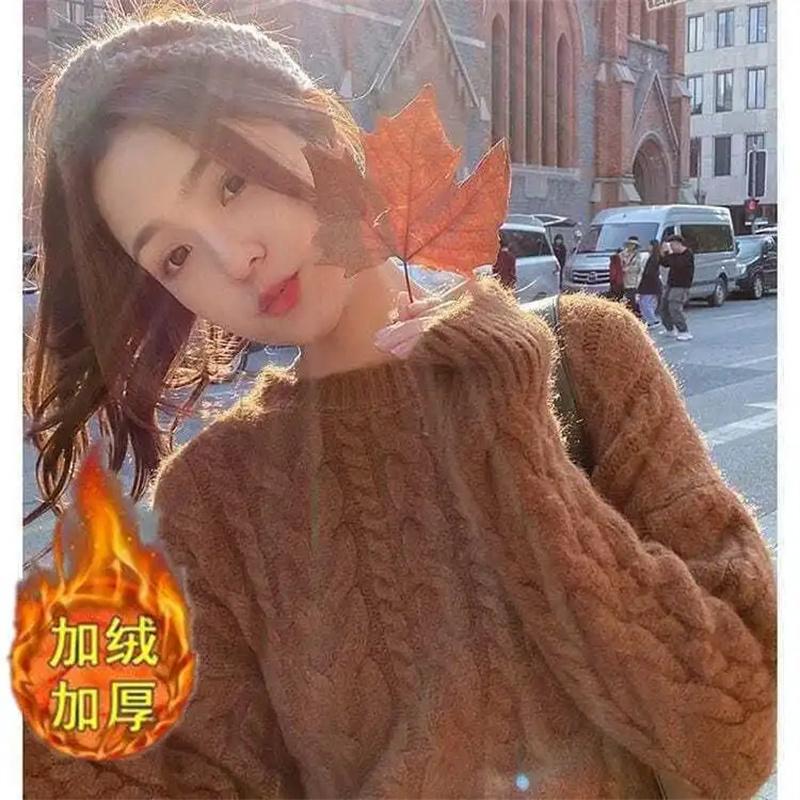 Womens Sweaters Velvet Thick Knitted Sweater Women Retro Western Style Short Student Hedging Fall/Winter Loose Outside Take LazyWomens
