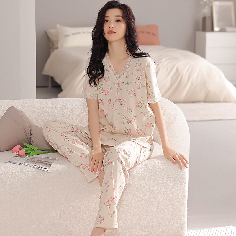 Women's Sleepwear Summer small floral pyjamas women big yards female modal cotton pajamas set short sleeve long pants casual tracksuit pijamas 4X