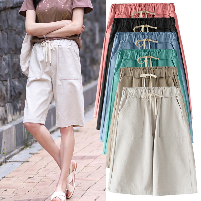 Women's Shorts Women Summer bermuda Shorts Cotton Wide-legged Leisure Trousers Large Size Loose Elastic Waist With Belt shorts 6XL 7XL 8XL 230418
