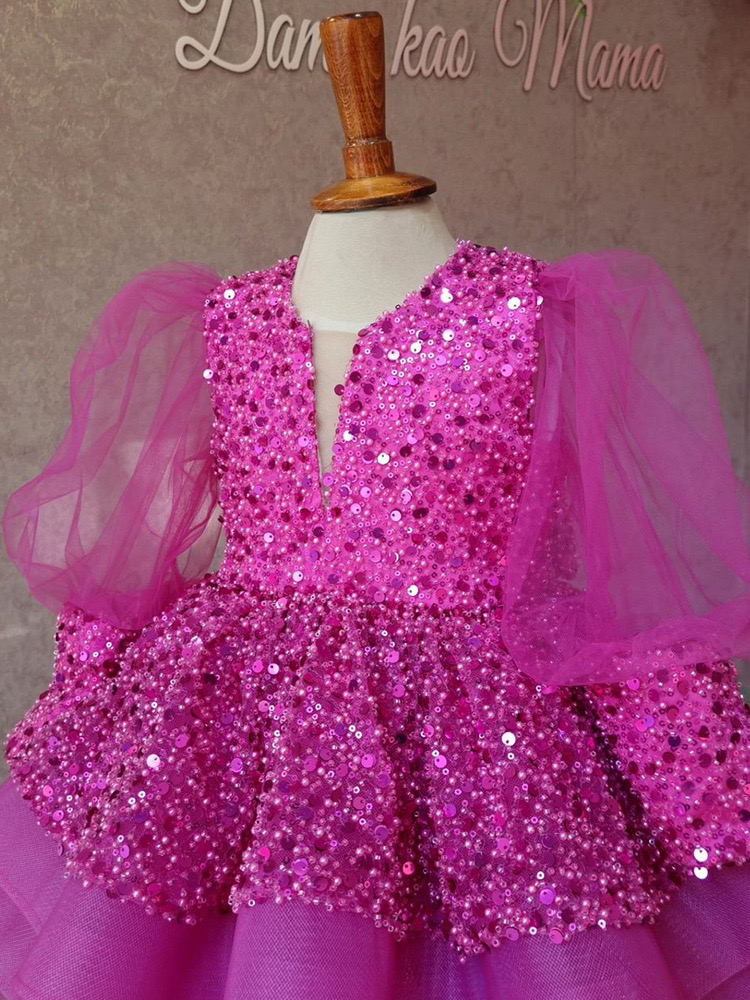 Bling Ball Gown Flower Girls Dresses For Weddings Sequined Long Sleeve Appliqued Boho Kids Birthday First Holy Communion Dress Tutu Vintage Party Page