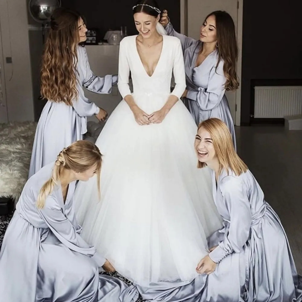 Pale blue Formal Wedding Bridesmaid Dress V-Neck Full Sleeve Side Slit Floor Length Junior Party Robe Gown Tailor-Made