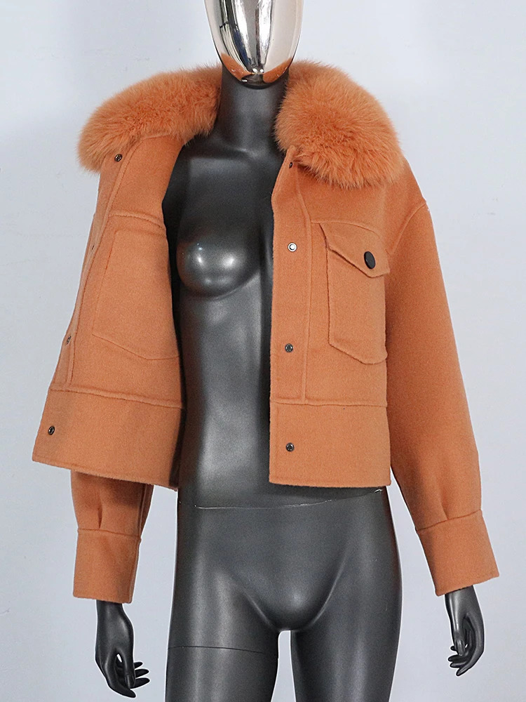 Women's Wool Blends CXFS Wool Blends Winter Jacket Women Real Fur Coat Natural Fox Fur Collar Pocket Short Outerwear Streetwear Fashion 231117