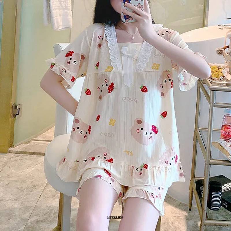 Women's Sleepwear Large Size 5XL 150kg Summer Sleepwear Suit Plaid Print Women Pajamas Sets Short Sleeve Top and Shorts Female Sweet Sleepwear Se