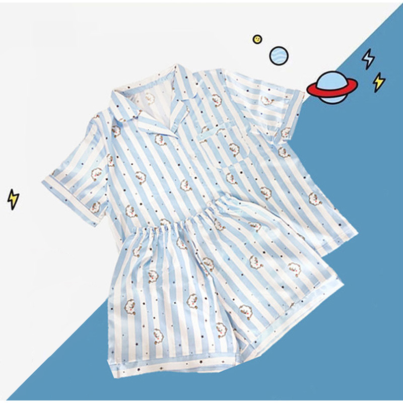 Women's Sleepwear Stripe Women Pajamas Set Single Breasted Short Sleeve Ladies Homewear Suits with Shorts Elastic Waist Summer Cartoon Sleepwear 