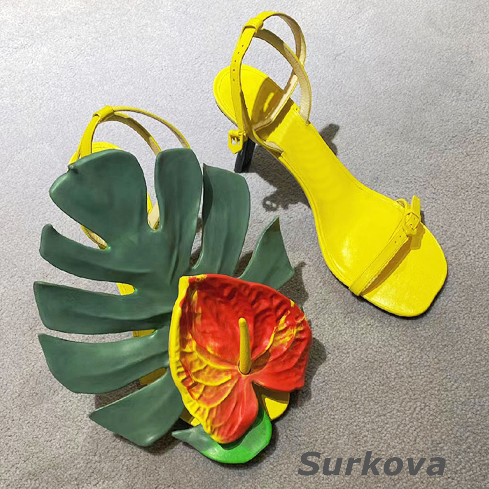 Sandals Shaped Heel Leaf Decorative High Heels Casual Slip-Toe Back Strap New Roman Women's Shoe Daily Leisure Summer 230418