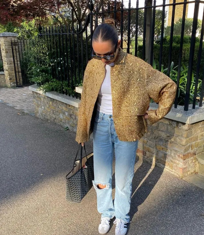 Womens Jackets Elegant sequin gold Oneck womens jacket loose sleeved autumn and winter street fashion 231118