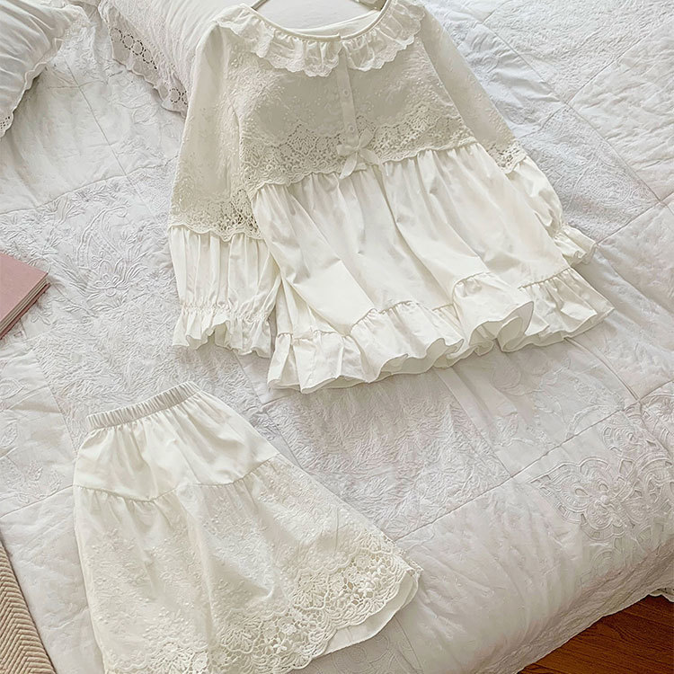 Women's Sleepwear Summer Women's Lolita Flower Embroidery Pajama Sets TopsShorts.Vintage Ladies Girl's Pyjamas set.Victorian Sleepwear 