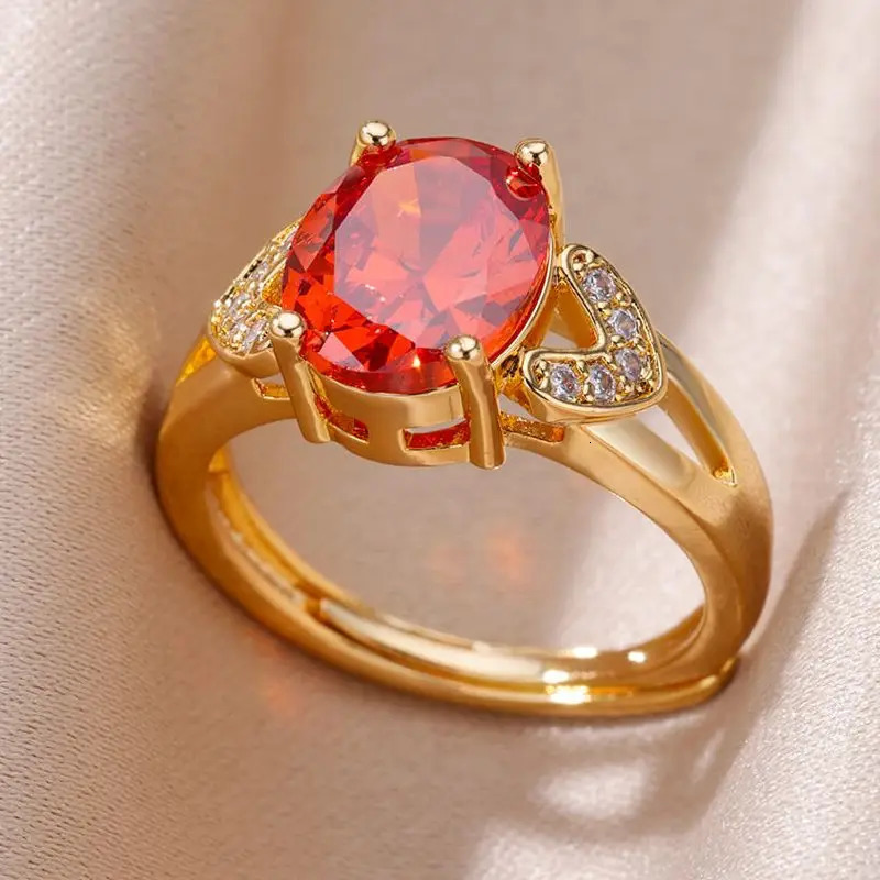 Solitaire Ring Red Oval Zircon Crystal Rings For Women Stainless Steel Gold Plated Couple Heart Vintage Wedding Jewelry anillos mujer 231117