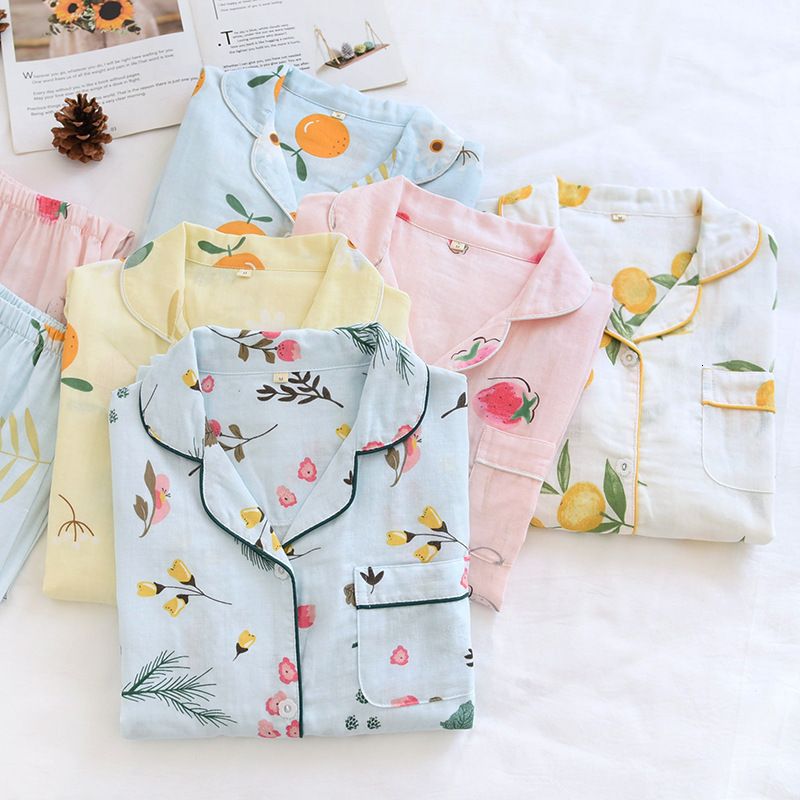 Women's Sleepwear M-XXXL Size spring summer pajamas two-piece ladies 100% cotton gauze long-sleeved trousers simple flowers loose home service se