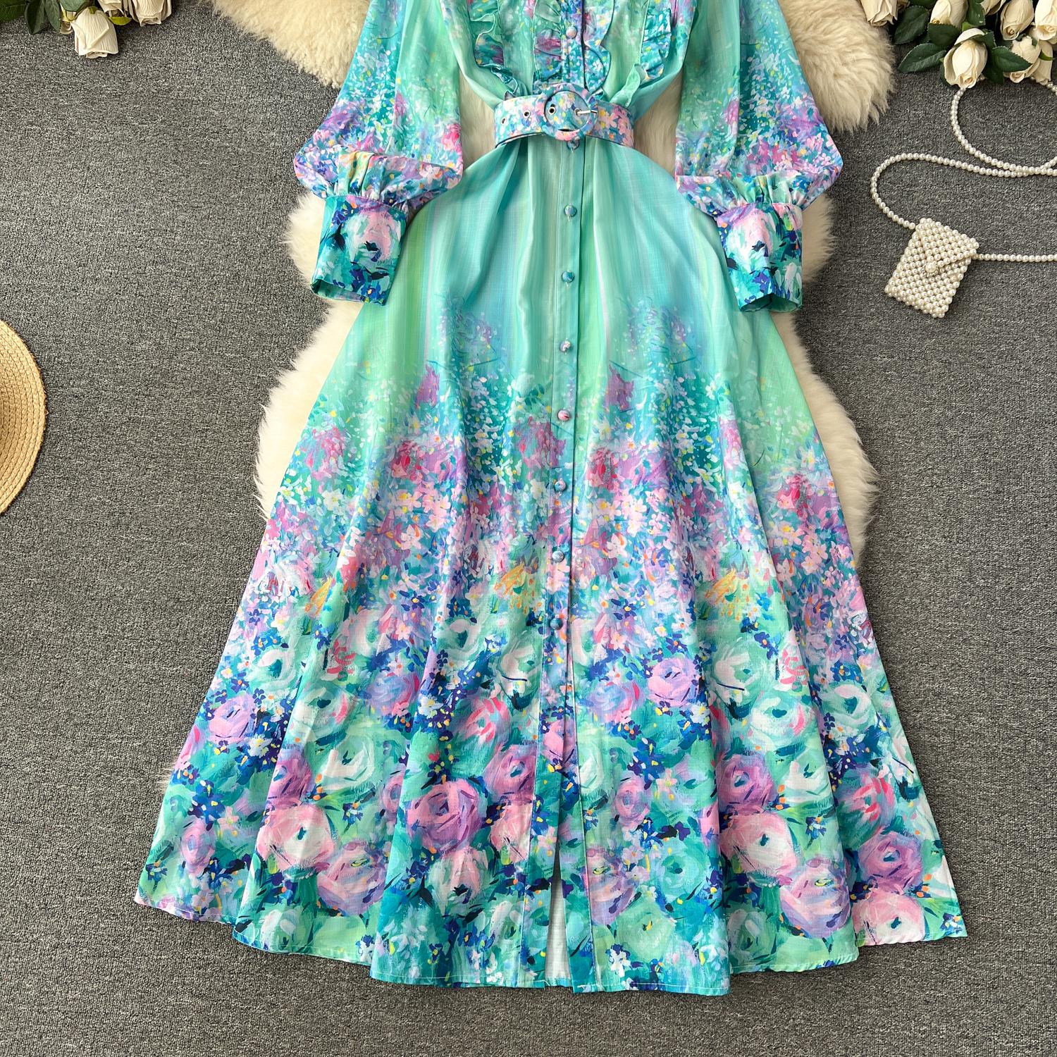 Casual Dresses New Fashion Holiday Flower Maxi Dress Women's Stand Collar Lantern Sleeve Floral Printed Belt Ruffles Boho Robe Vestidos 2024