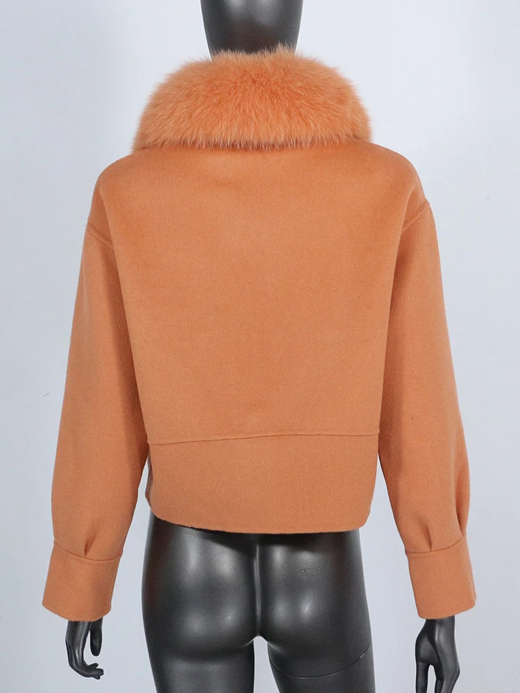 Women's Wool Blends CXFS Wool Blends Winter Jacket Women Real Fur Coat Natural Fox Fur Collar Pocket Short Outerwear Streetwear Fashion 231117