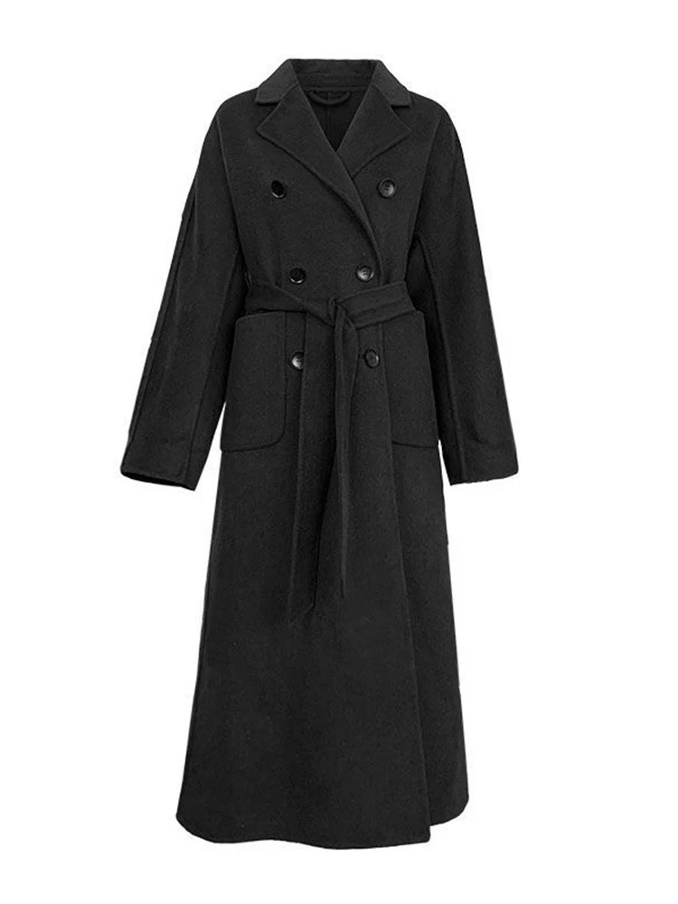 Women's Wool Blends Jmprs Winter Woolen Long Coat Casual Women Double Breasted Faux Wool Jacket Fall Fashion Korean Ladies Black Clothes 231117