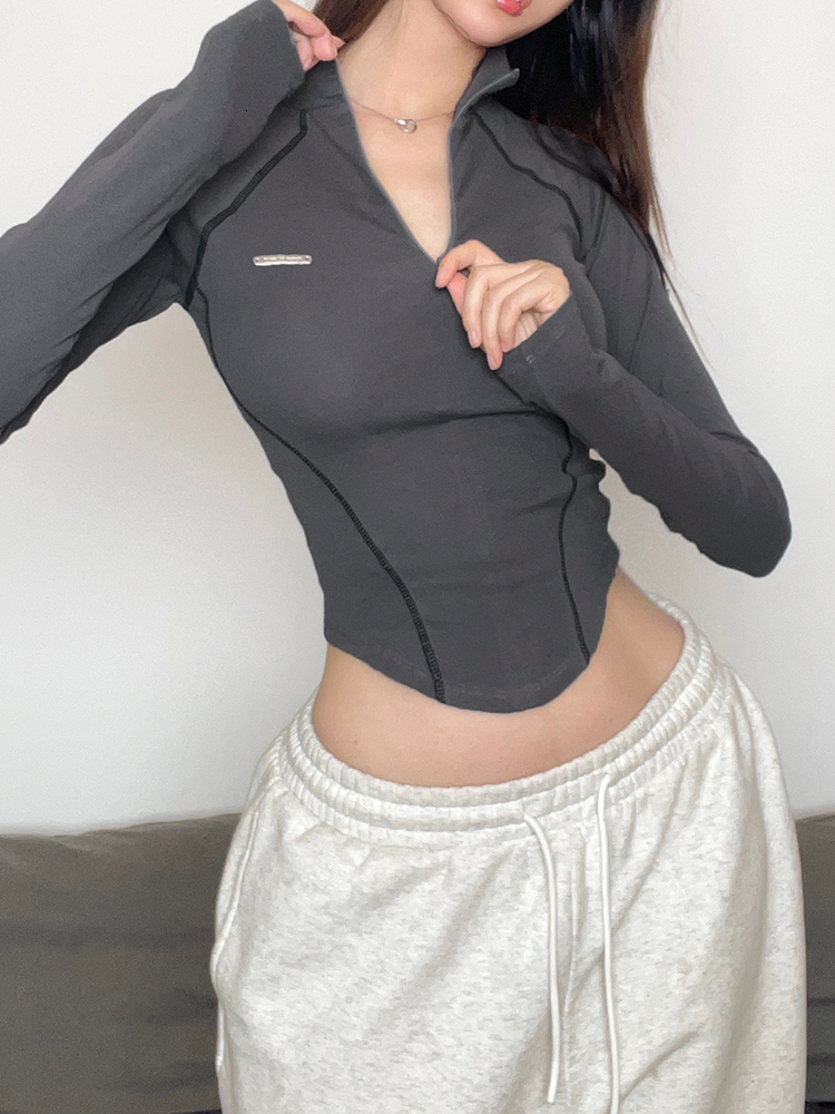 Women's T-Shirt Weekeep Casual Zip Up Turtleneck Crop Top Stitched Long Sleeve Skinny T-shirts y2k Aesthetic Streetwear Harajuku Women Clothing 2