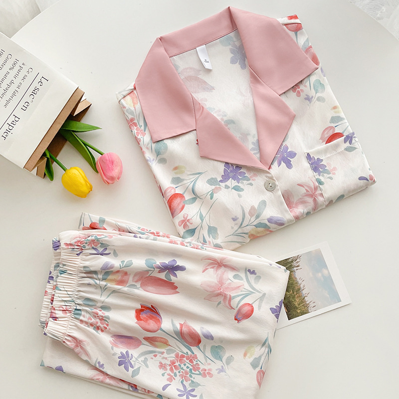 Women's Sleepwear Lisacmvpnel French Ice Silk Thin Style Pajamas Women's High Sense Home Clothes Short Sleeved Trousers Two-piece Set Pyjama