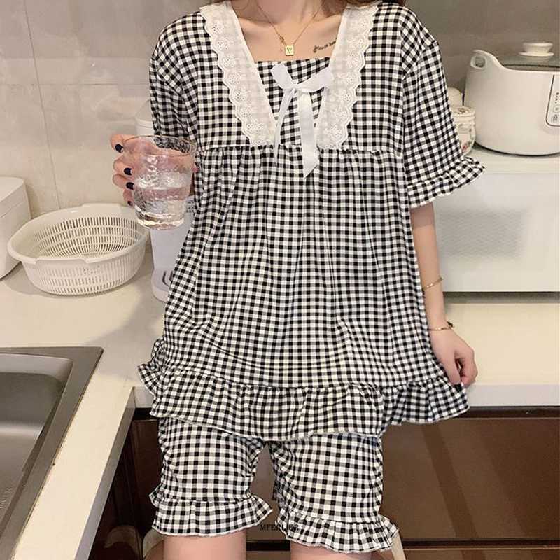 Women's Sleepwear Large Size 5XL 150kg Summer Sleepwear Suit Plaid Print Women Pajamas Sets Short Sleeve Top and Shorts Female Sweet Sleepwear Se
