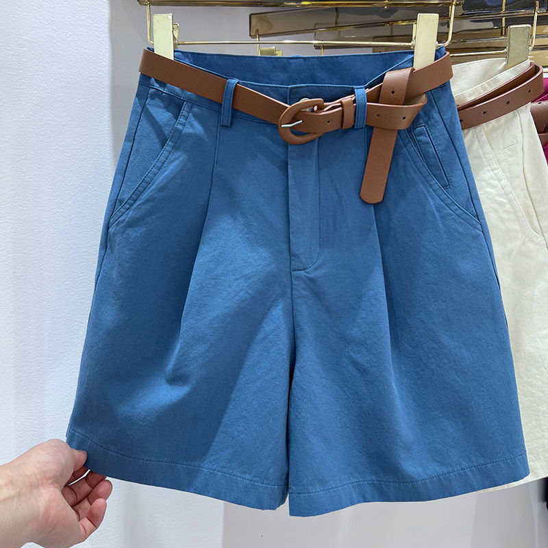 Women's Shorts Women's Denim Shorts High Waist Short with Belt Blue Red Khaki Casual Cotton Solid Loose Casual Bermuda Summer Shorts for Wom